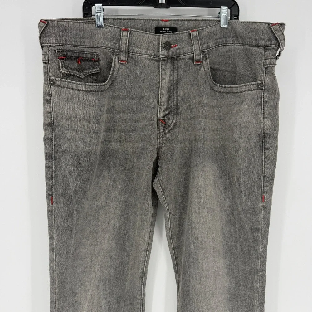 True Religion Ricky Relaxed Straight Gray Jeans Mens 40 Red Stitching